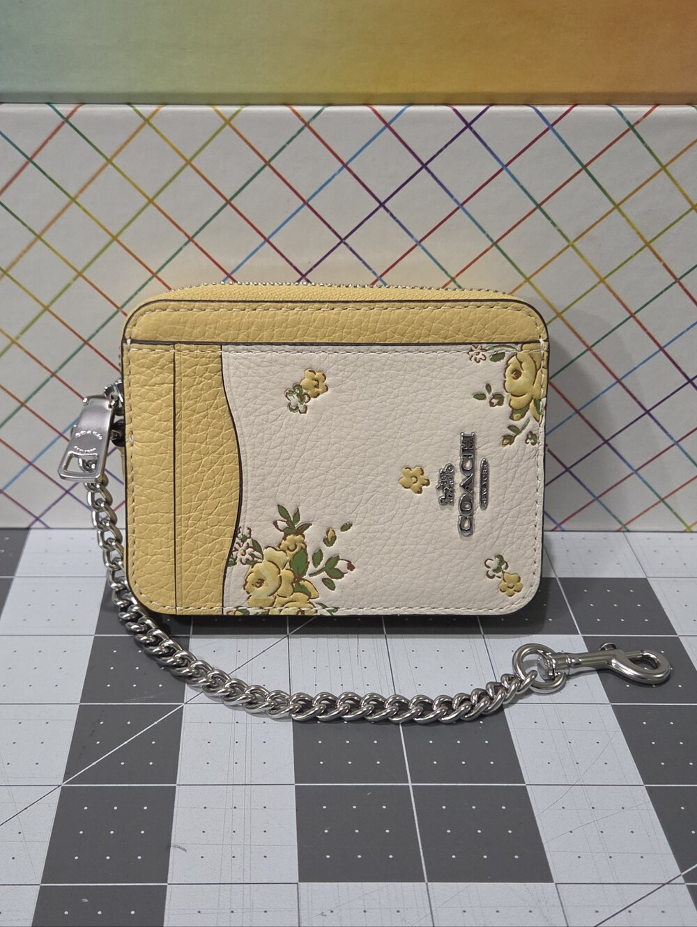 Coach Yellow Floral Leather Zip Card Case Wallet